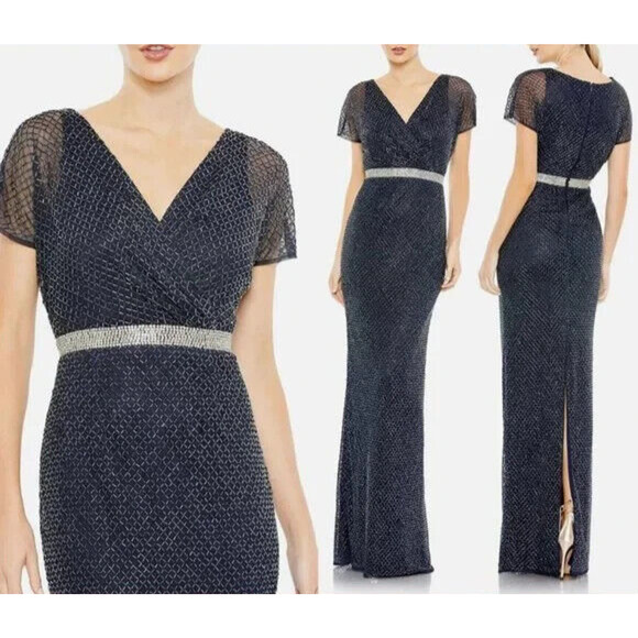 MAC DUGGAL Beaded Short Sleeve Column Evening Gown 26445‎ Blue Sz 12 $698 - Picture 1 of 7